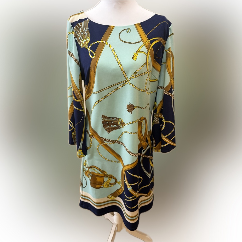 JB by Julie Brown Teal and Gold Chain Print Mini Dress 3/4 Sleeve Size Large
